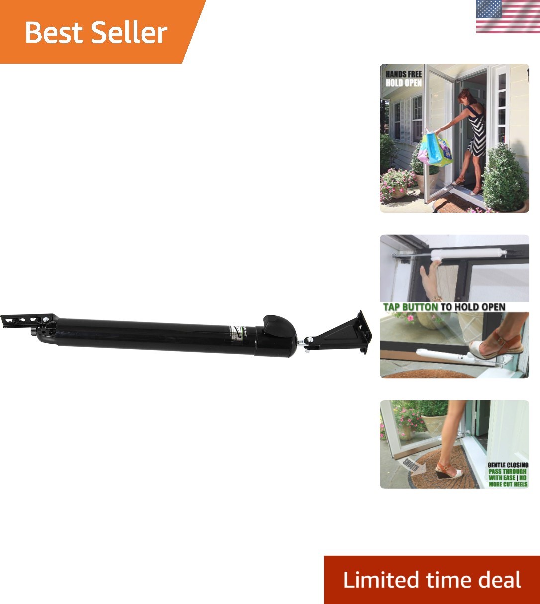 Black Metal Door Closer with Touch Hold Feature - For Storm & Screen Doors