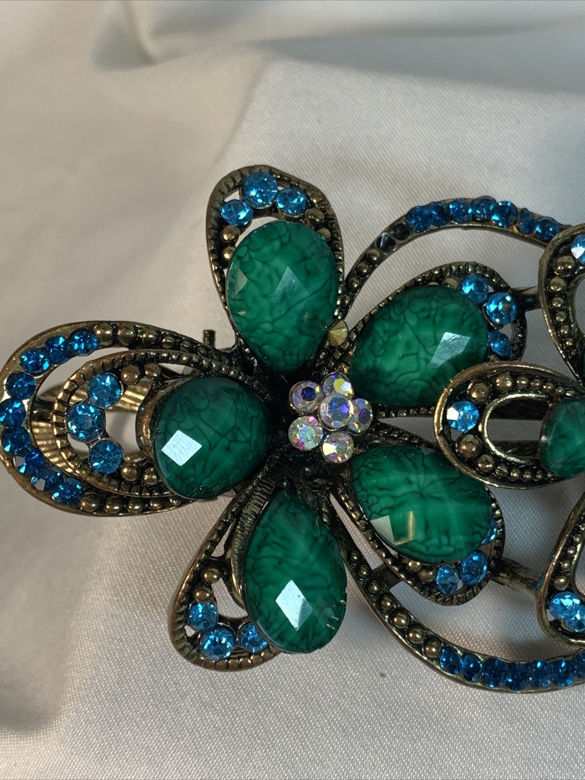 Beaded Bejeweled Retro Green/Blue Burnished Gold 4" Hair Clip