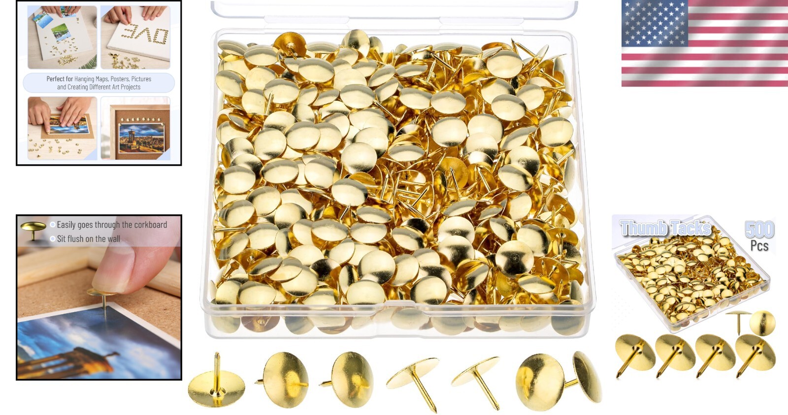 Stylish Gold Flat Thumb Tacks - 500 Metal Push Pins for Schools & Workspaces