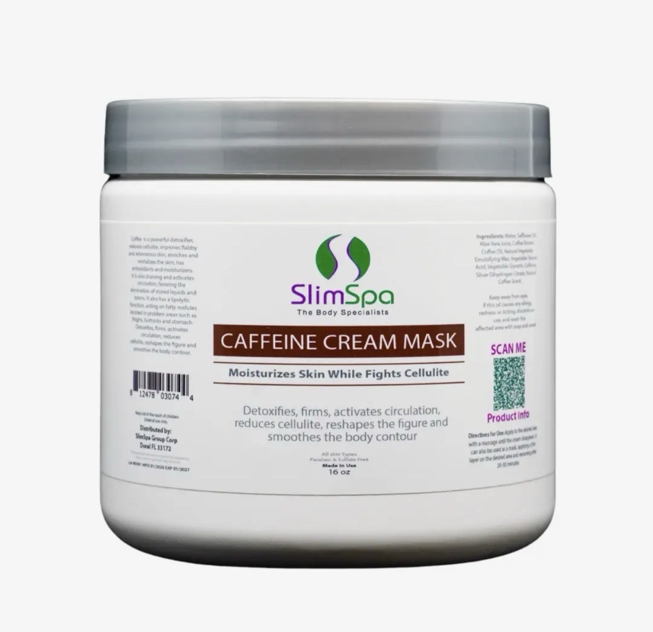 Slimspa Caffeine Cream Skin Mask 16 Oz Brand New Sealed