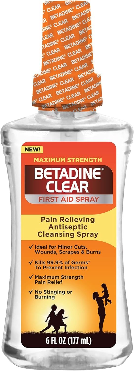 Betadine Clear First Aid Spray, Max Strength Pain Relieving Antiseptic - 6 oz