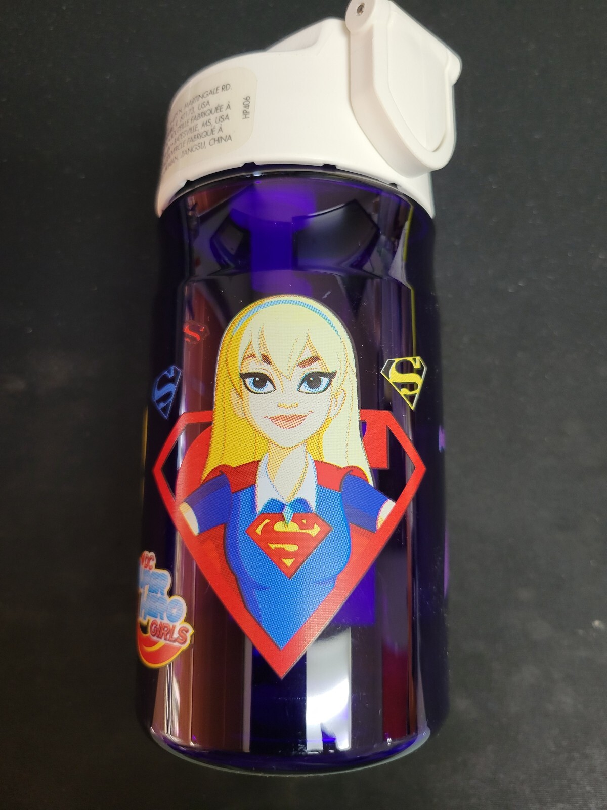 New Thermos Bottle with LID + Straw 12 oz purple super hero girl