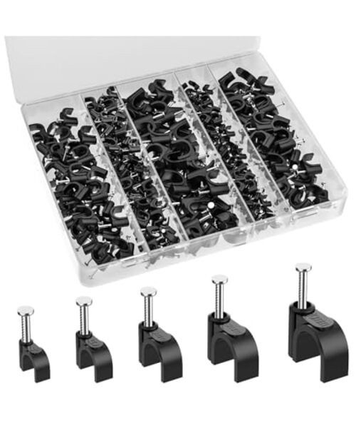 Bates- Cable Clips with Steel Nails, 360 pcs, 4mm 5mm 6mm 8mm 4-10mm Black