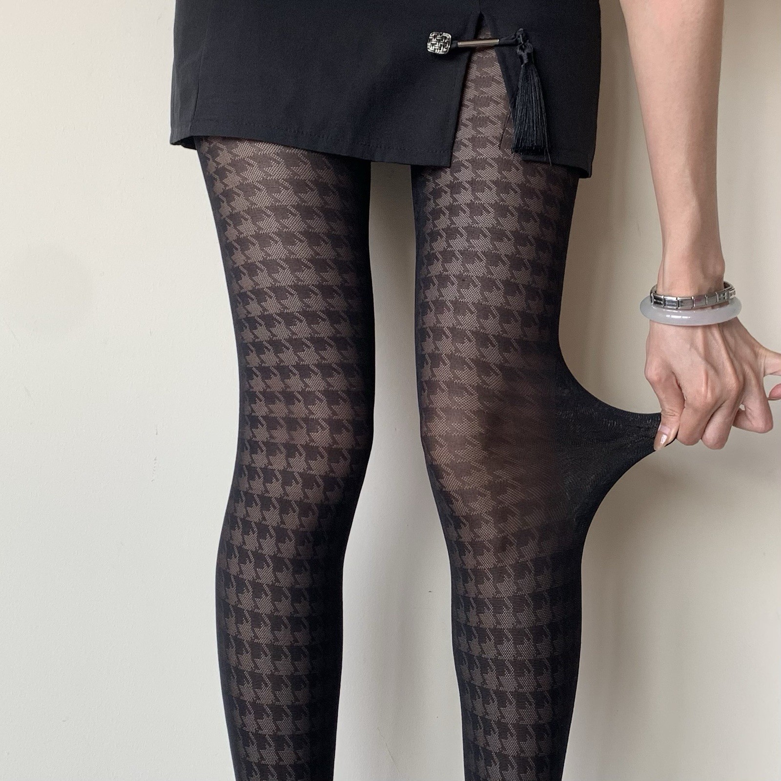 Black Houndstooth Lace Sheer Tights