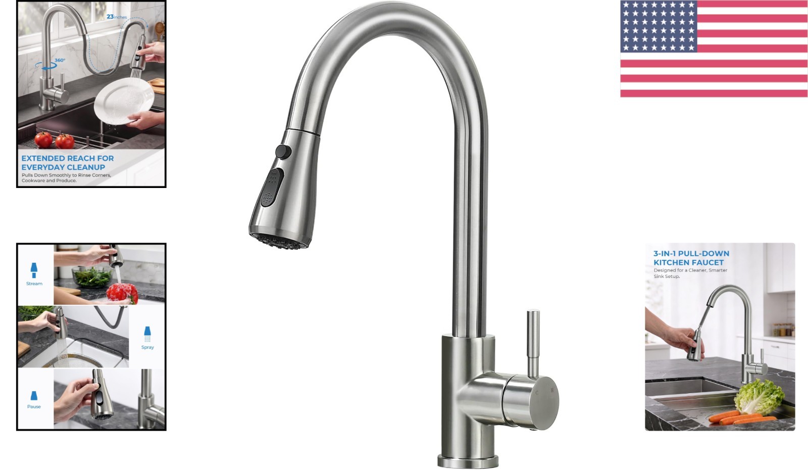 Lead-Free Kitchen Faucet with Pull Down Sprayer & 3 Spray Modes - Brushed Nickel
