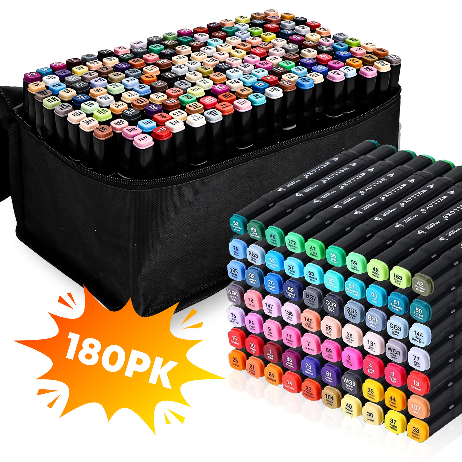 180 Colors Alcohol Markers Set, Dual Tip Fine & Chisel Markers for Adult Colorin