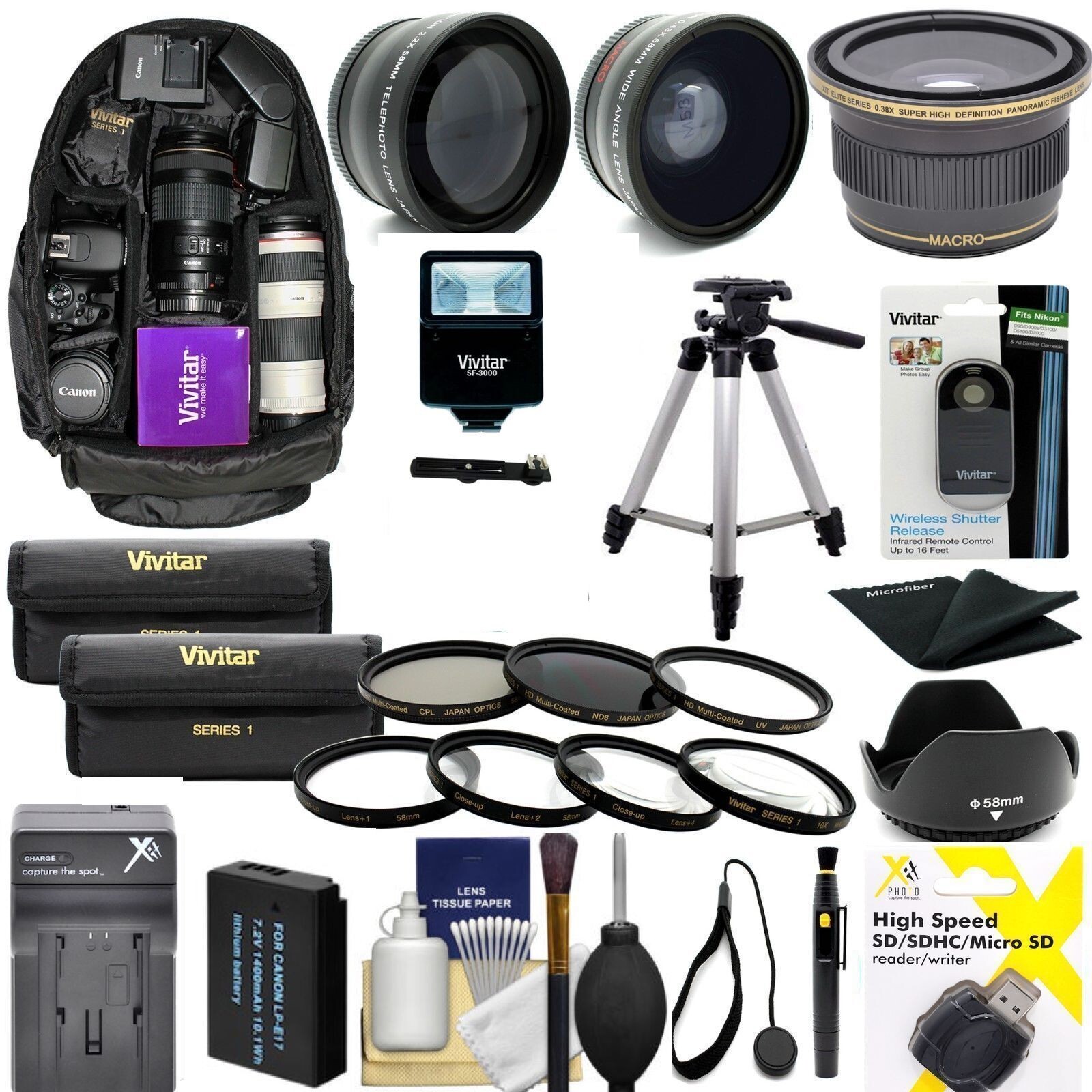 CANON EOS REBEL 2000D FULL 58MM HD ACCESSORY KIT LENSES FLASH 60" TRIPOD BACKPAC