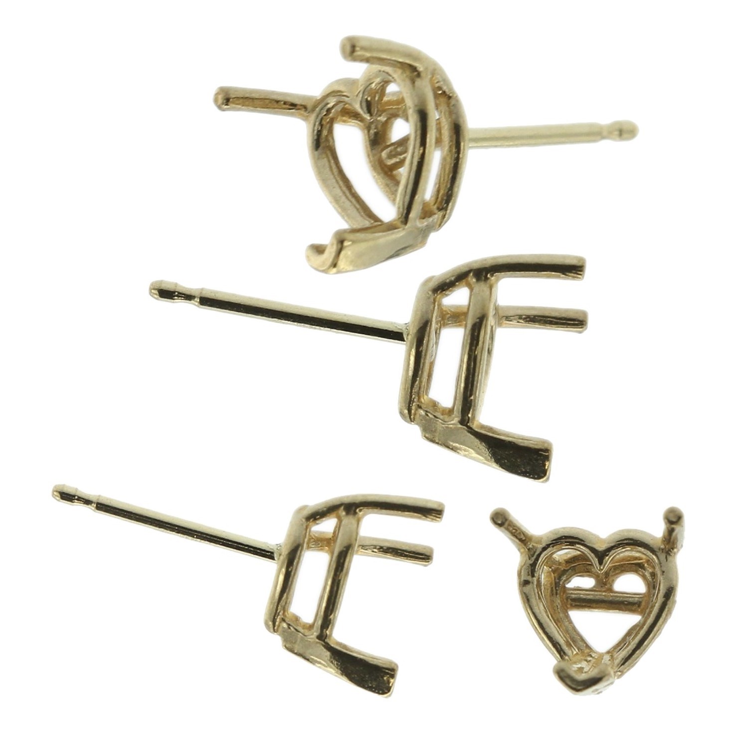 14k Yellow Gold V-End Heart Stud Earring Mounting Setting Push Back Post 3 Prong