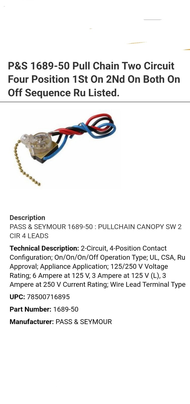 E81372 / 1689-50 Heavy-Duty 2-Circuit 4-Position Pull Chain Light Switch [Gold]