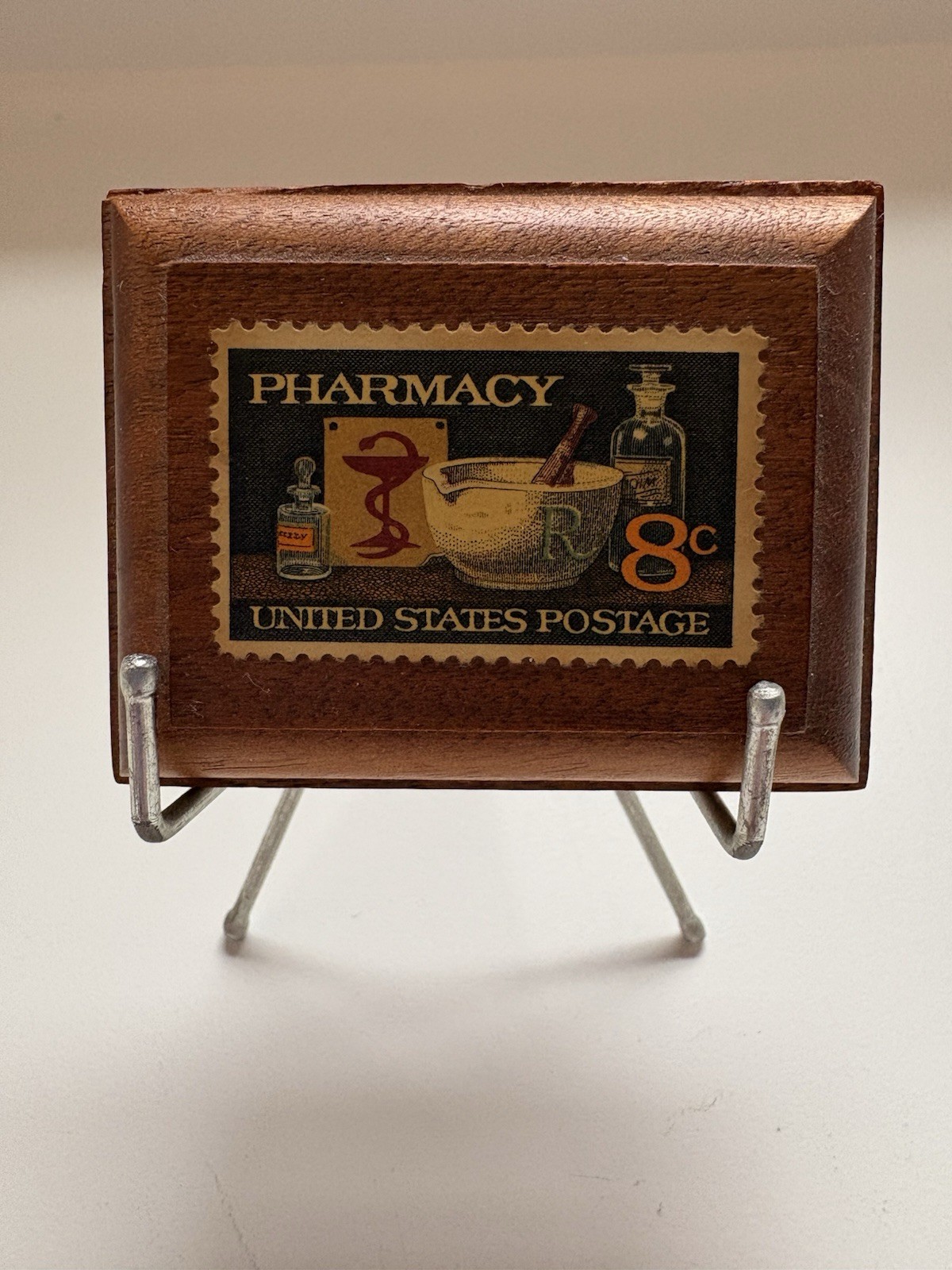 Handmade Framed 8 Cent U.S. Postage Stamp Pharmacy 1972 on miniature easel