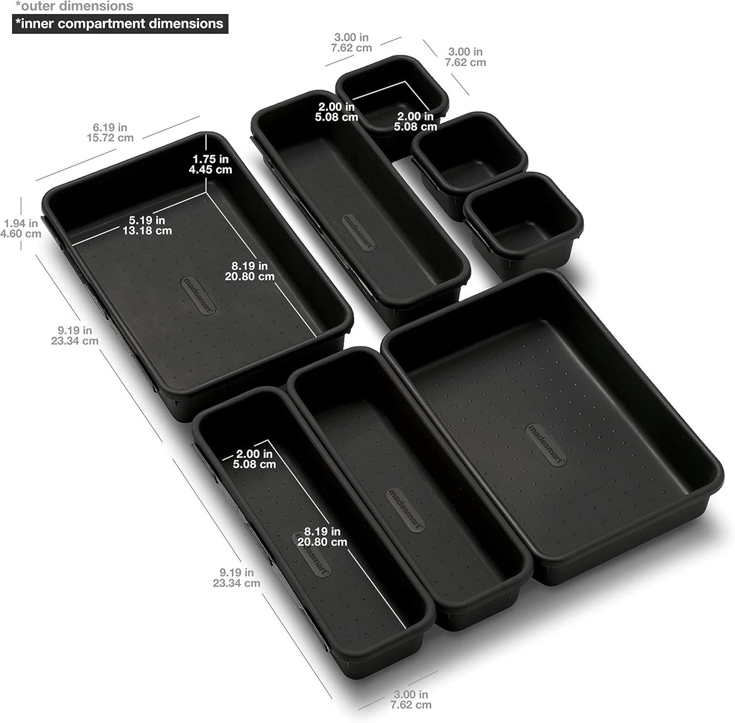 8-Piece Interlocking Bin Pack for Drawer Organization, Plastic Interlo