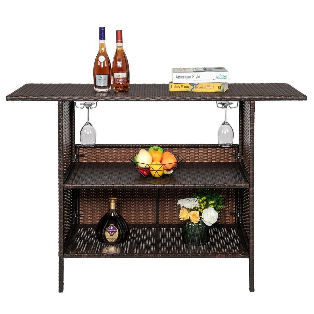 Rattan Wicker Bar Counter Table Patio Dining Table Double Layer Storage Brown