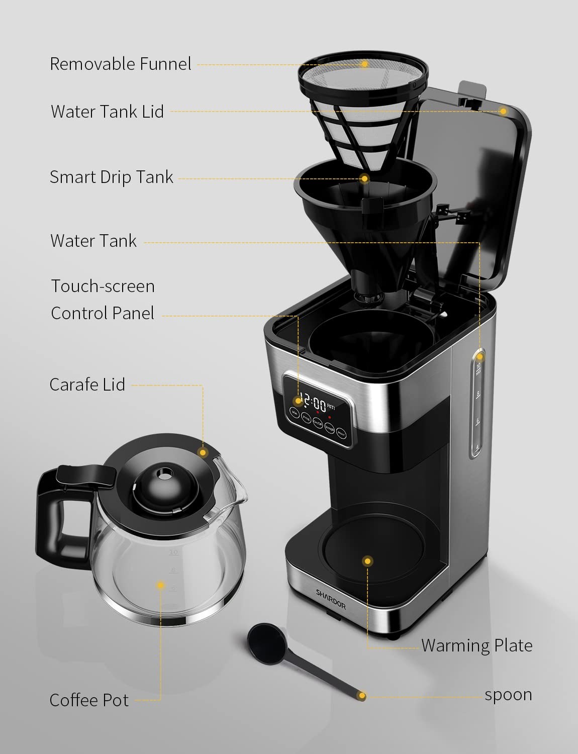 SHARDOR 10-Cup Programmable Coffee Maker, Regular & Strong Brew Drip silver