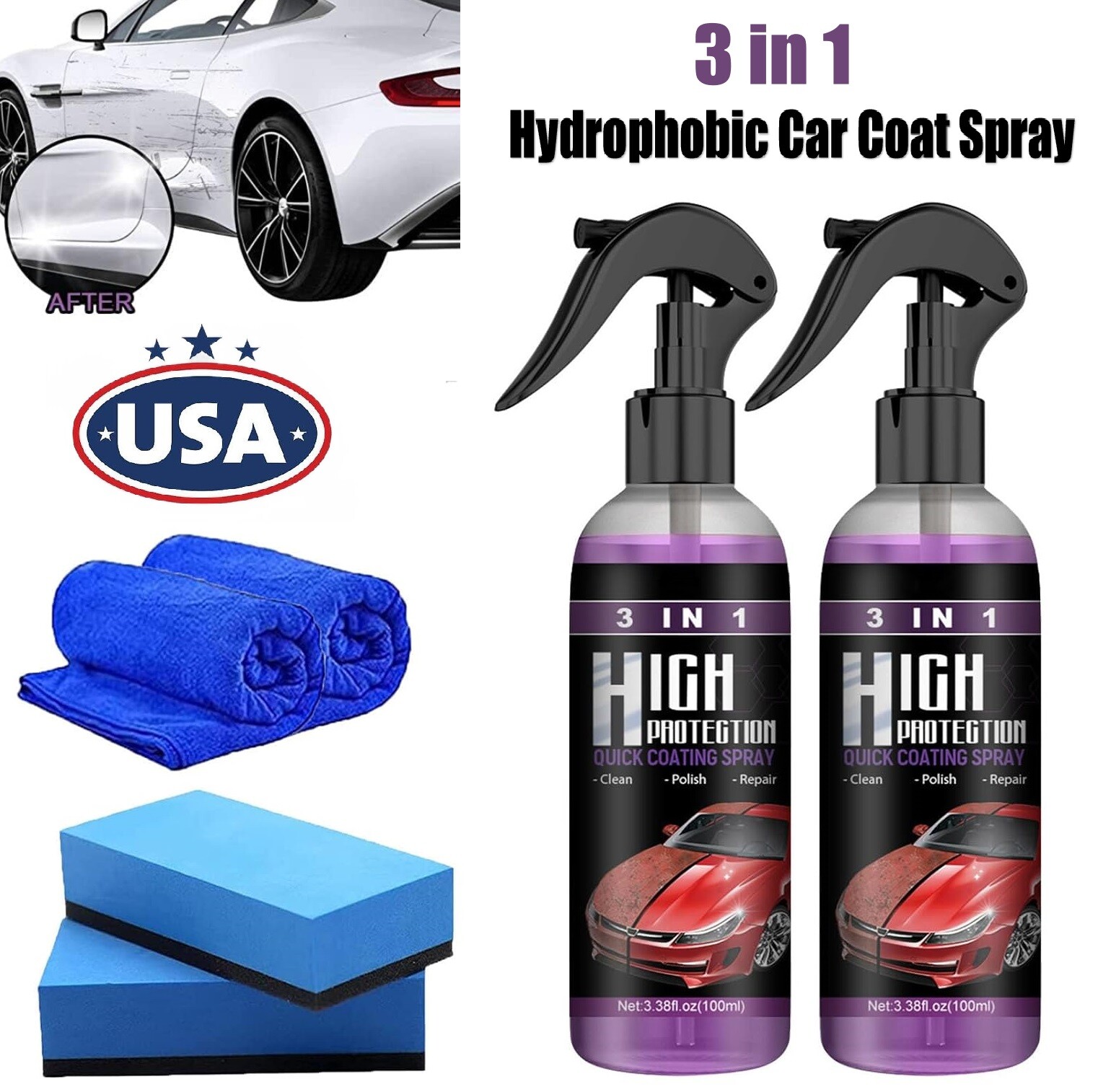 3 in 1 High Protection Quick Car Coat Ceramic Coating Spray Hydrophobic 300ML US
