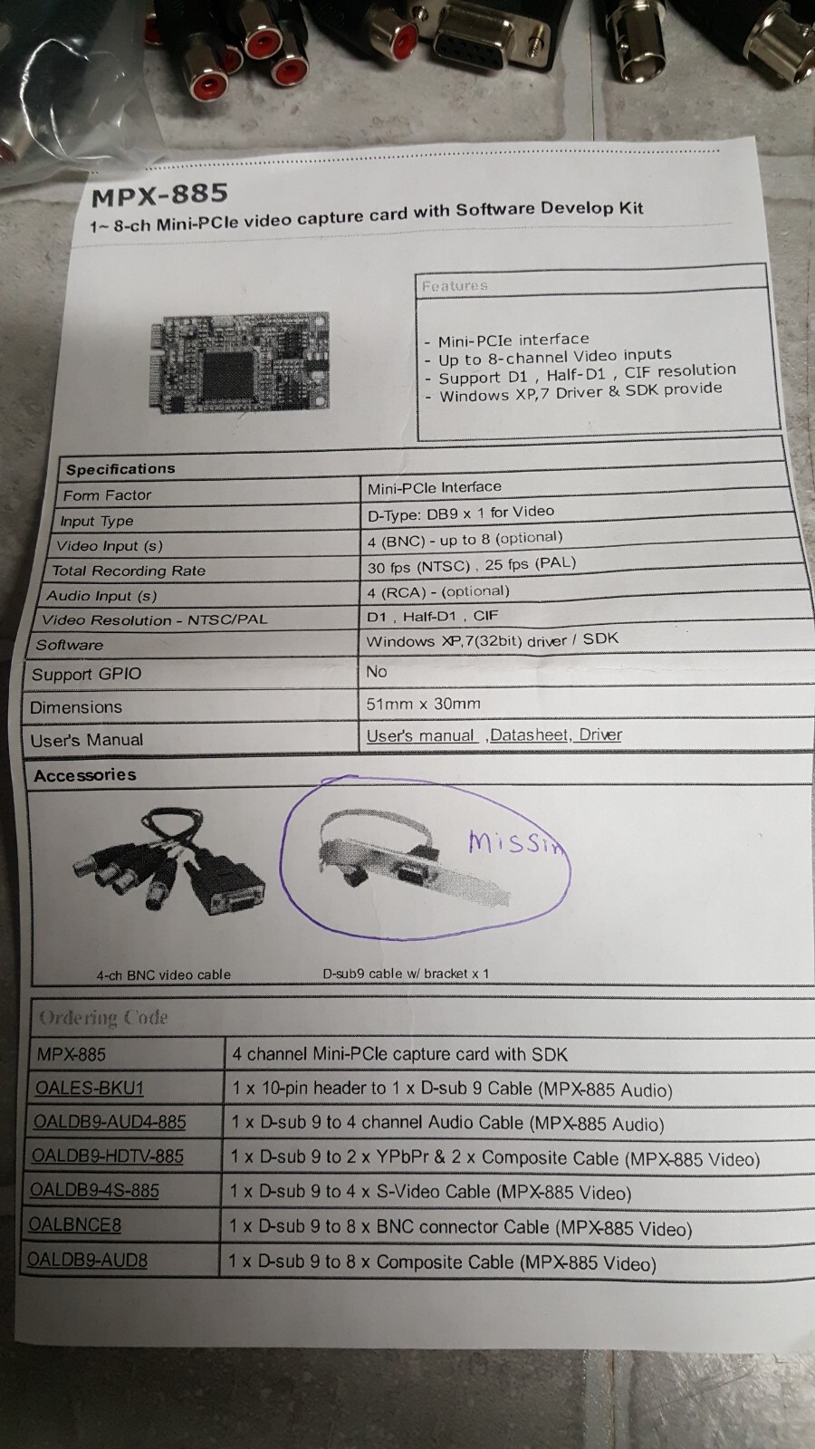 OPEN BOX COMMELL MPX-885 Mini-PCIe MISSING D-sub9 Cable