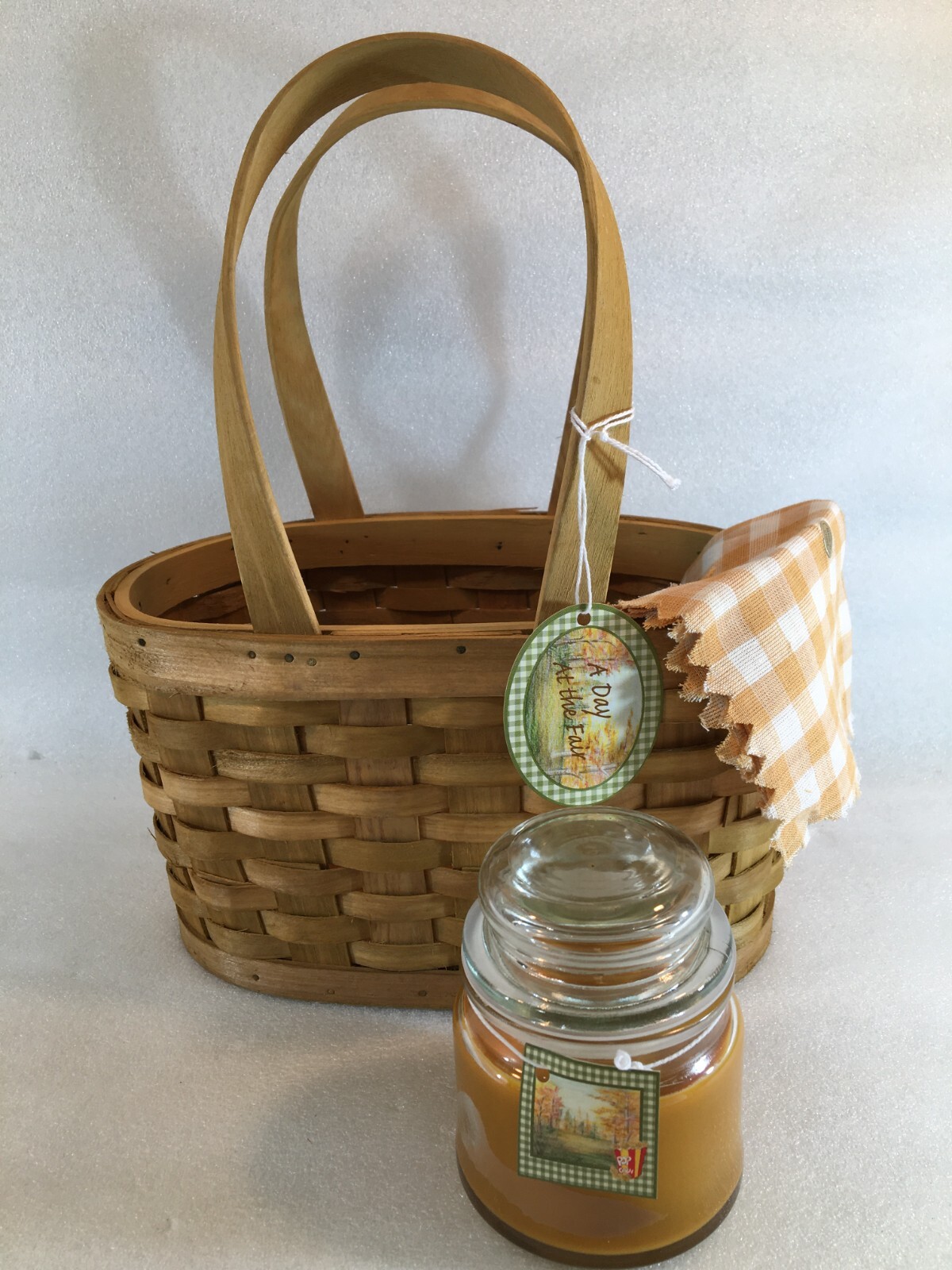 A DAY AT THE FAIR Basket w Handles & Cloth + Candle Jar CARAMEL POPCORN Scent