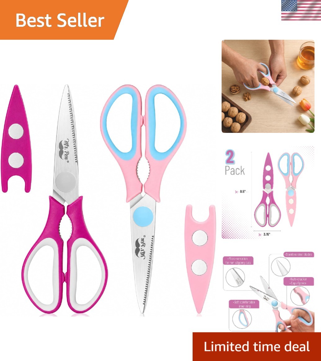 Versatile 8-Inch Kitchen Shears - Pink & Blue, Micro-Serrated Stainless Steel