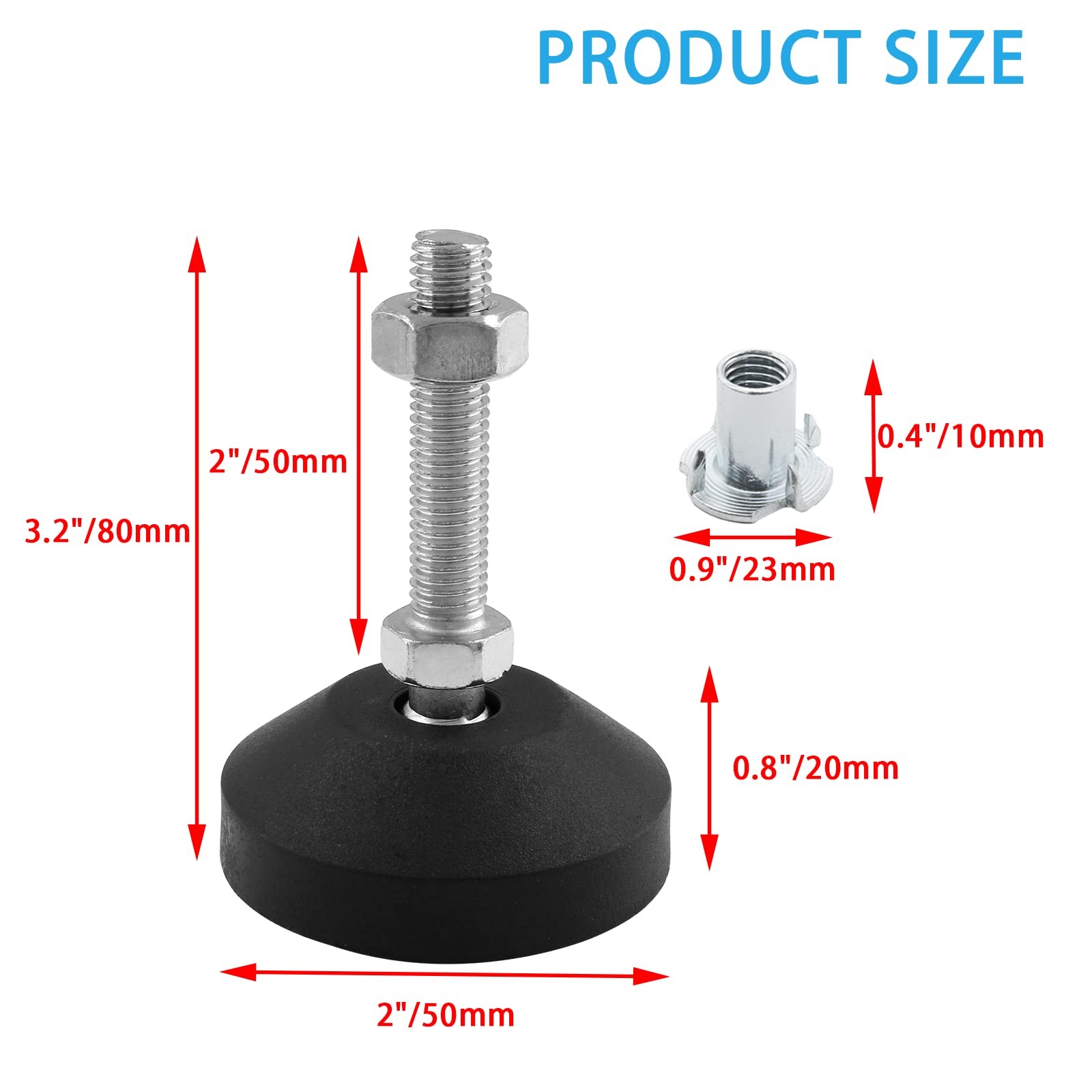 4 Pcs M10 Leveling Feet with T-Nut Adjustable Swivel Furniture Levelers