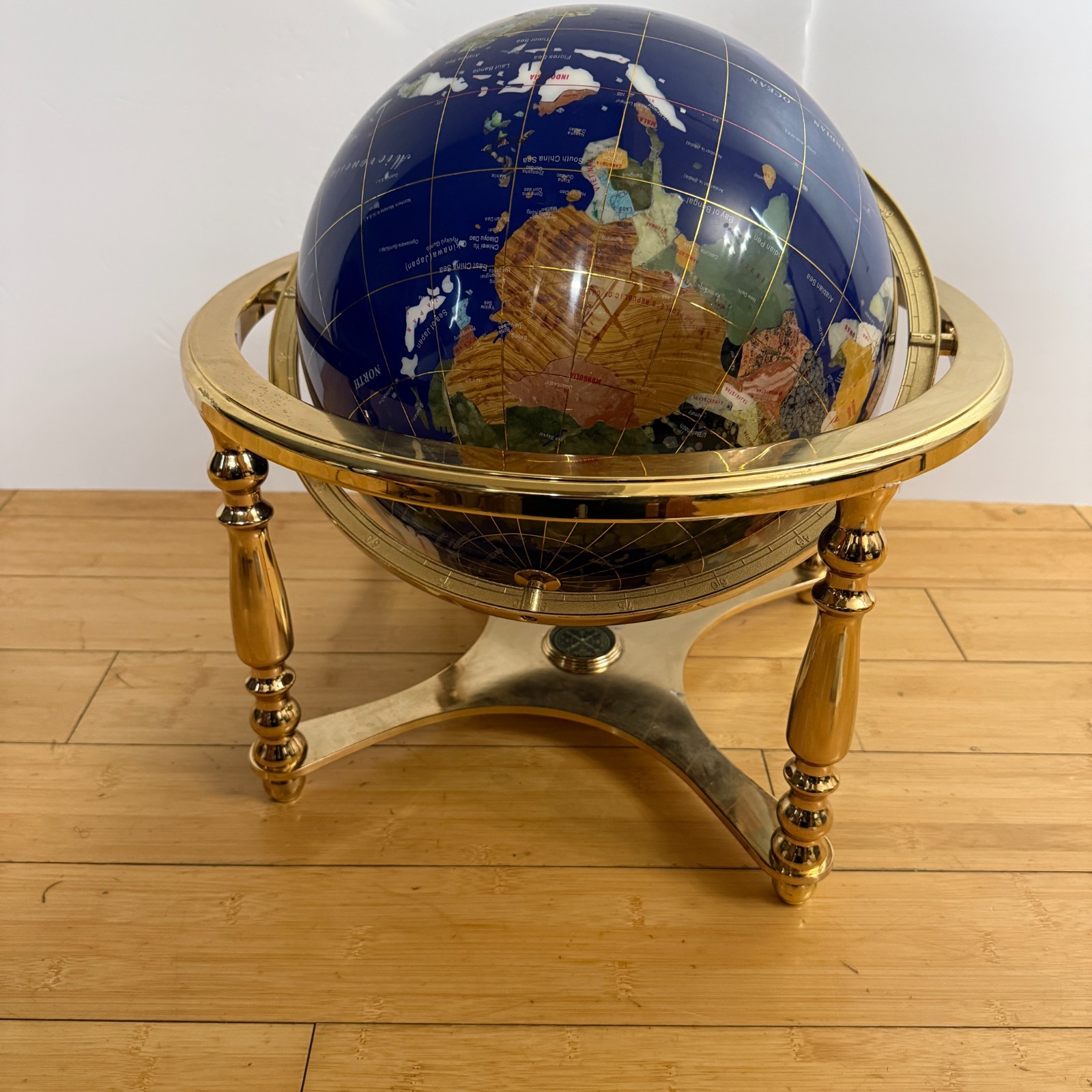 17" Decorative Gemstone Inlaid World Globe Lapis Lazuli W/ Solid Brass Three.