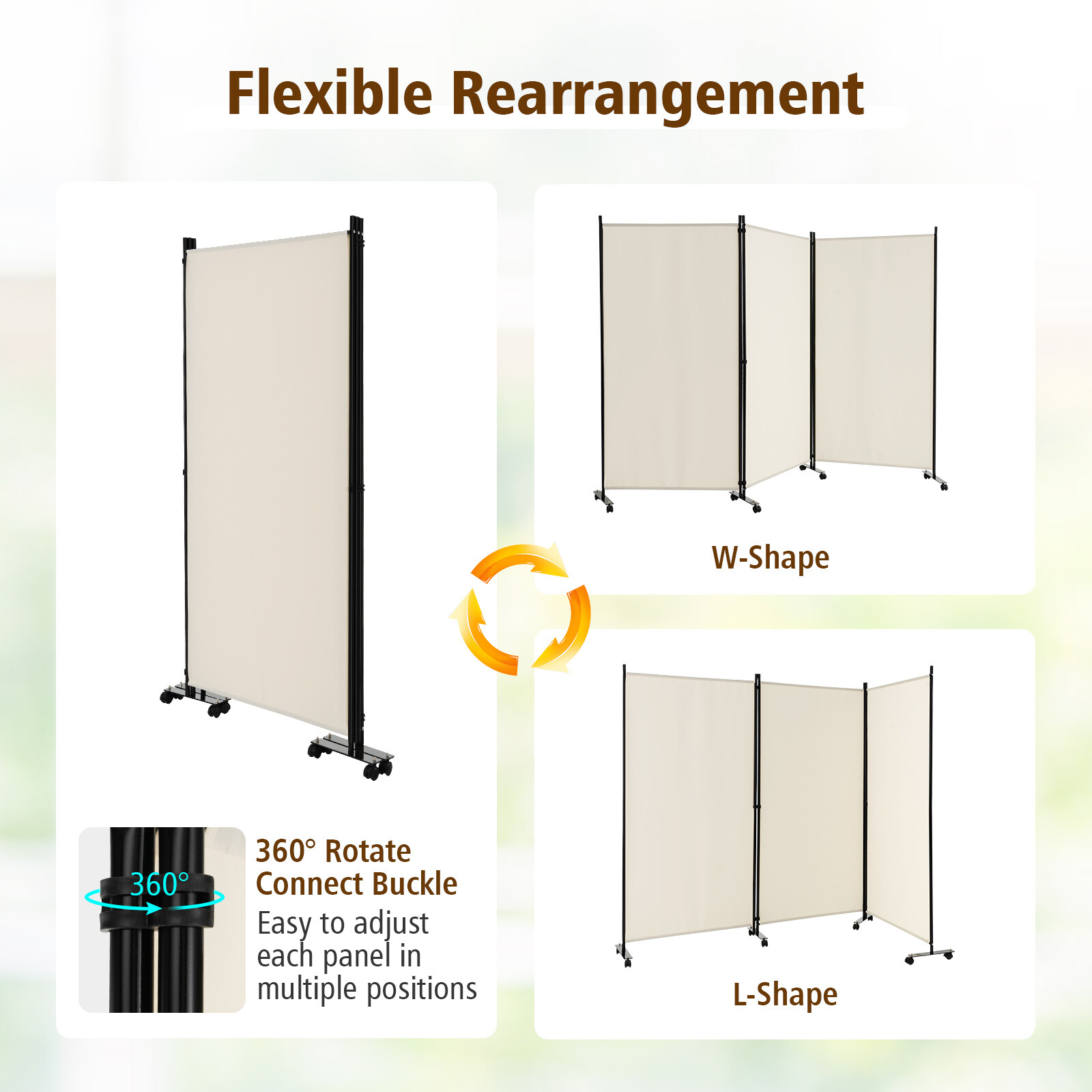3-Panel Folding Room Divider 6Ft Rolling Privacy Screen w/Lockable Wheels White
