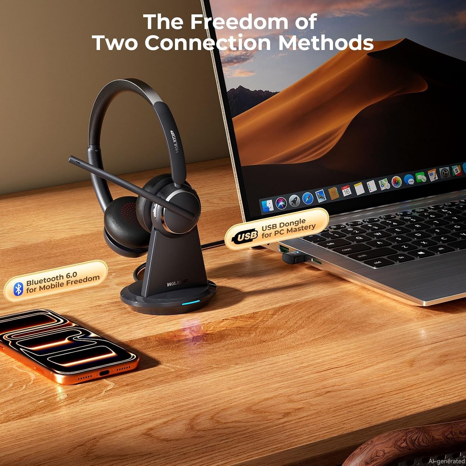 Wireless Headset with Mic for Work, Bluetooth 6.0 Headset with Microphone for PC