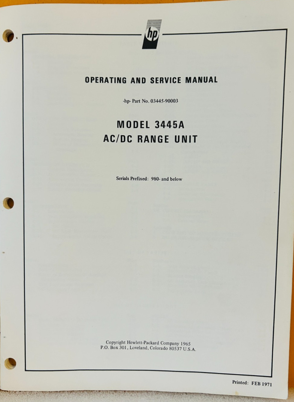HP 03445-90003 Model 3445A AC/DC Range Unit Operating & Service Manual.