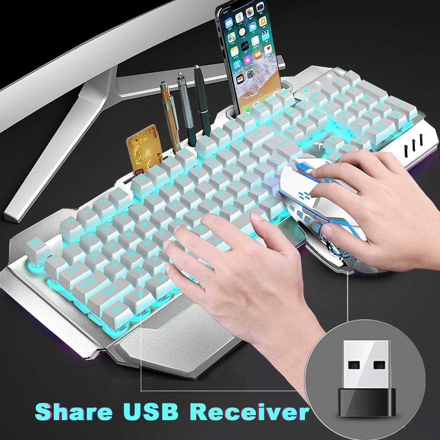 Wireless Keyboard and Mouse, Blue LED Backlit Rechargeable Keyboard with 3800...