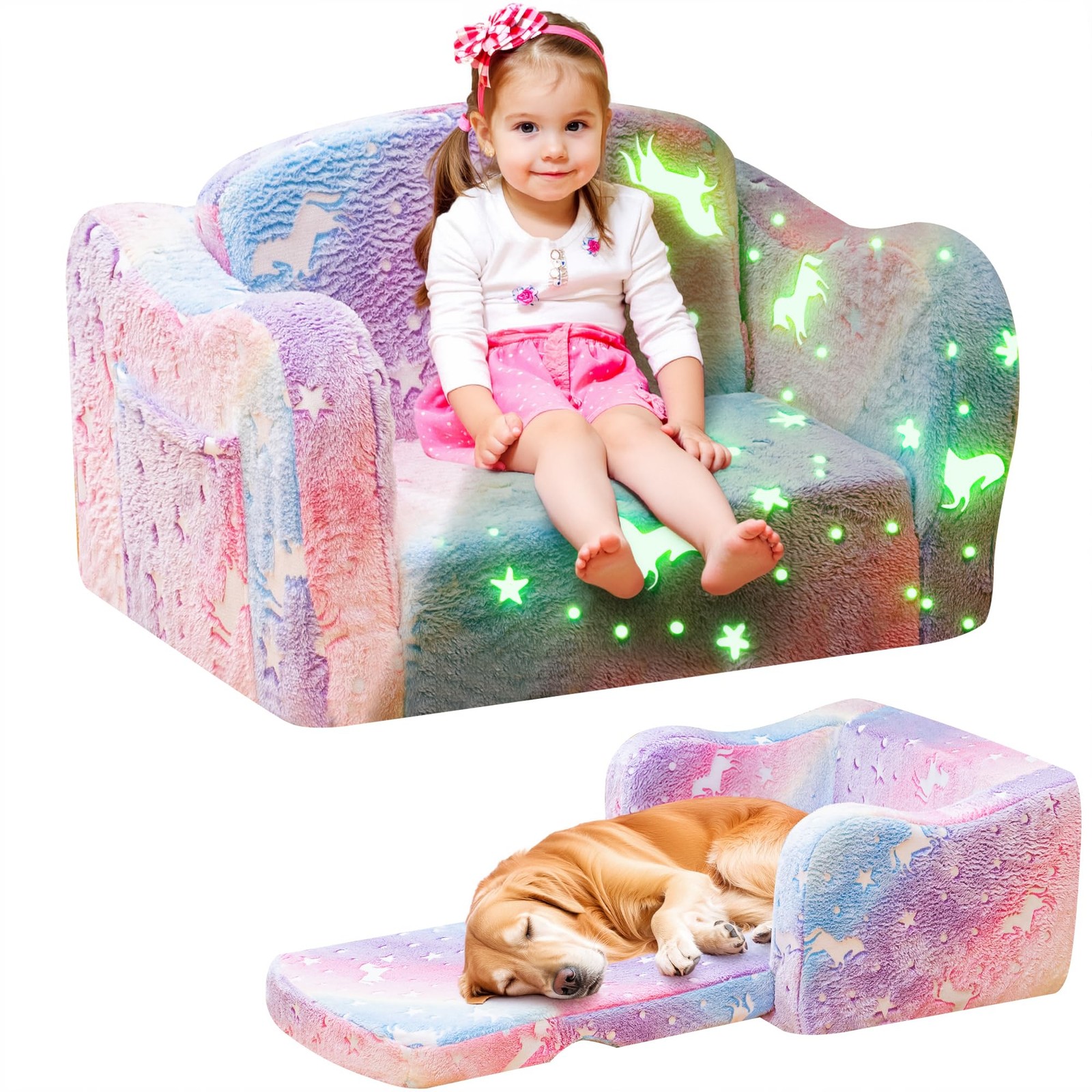 2-in-1 Toddler Couch,Glow in The Dark Baby Floor Bed,Foldable Toddler Chair K...