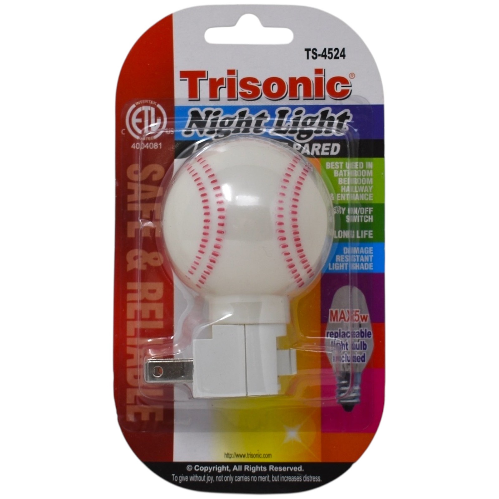 5 Watt Baseball Shaped Night Light - On/Off Switch - UL Listed