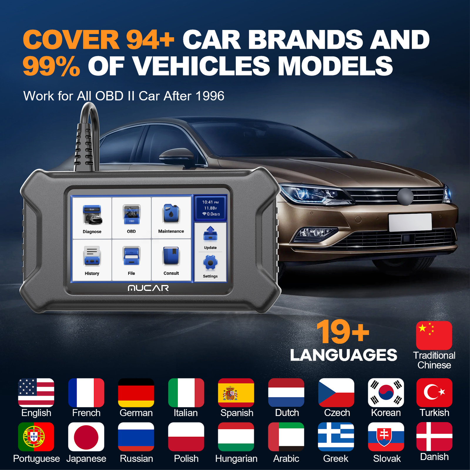 MUCAR CS90 OBD2 Car Code Reader Scanner Engine Fault Diagnostic Tool 28 Resets