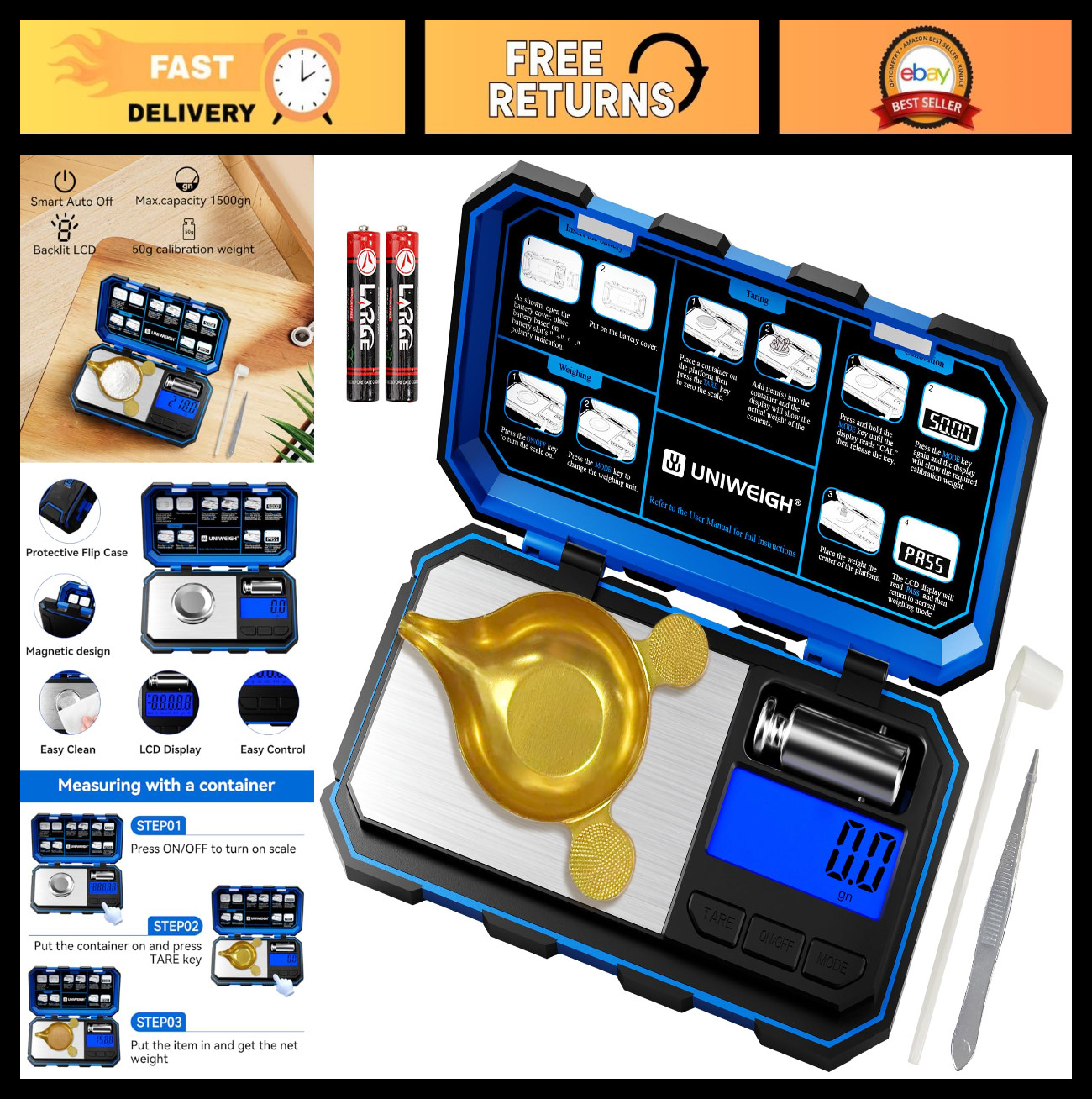 Precision Digital Reloading Scale 1500 Grains x 0.1gn - LCD Display, Tare, Calib
