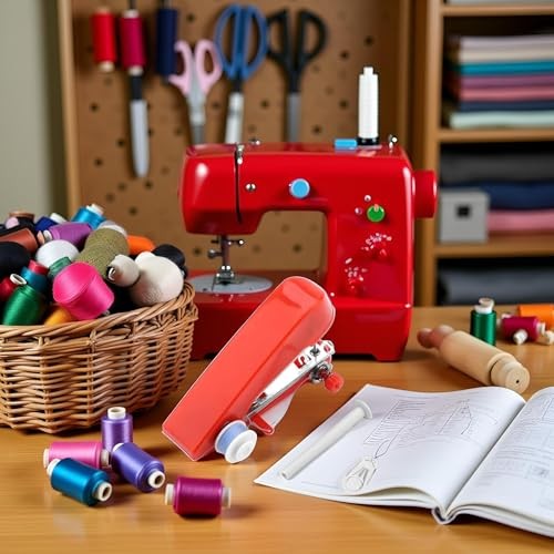 1Set Red Sewing Machine,Handheld Sewings Machine Mini Portable Stitch Manual