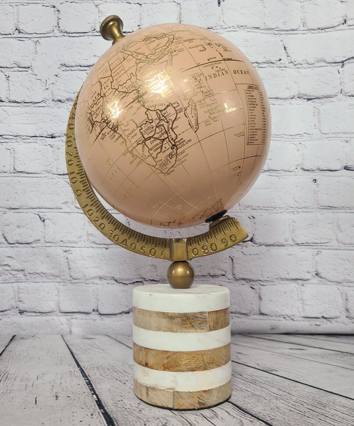 Drexel Heritage 2021 World Globe Wood Marble Base Farmhouse Peach Gold Foil