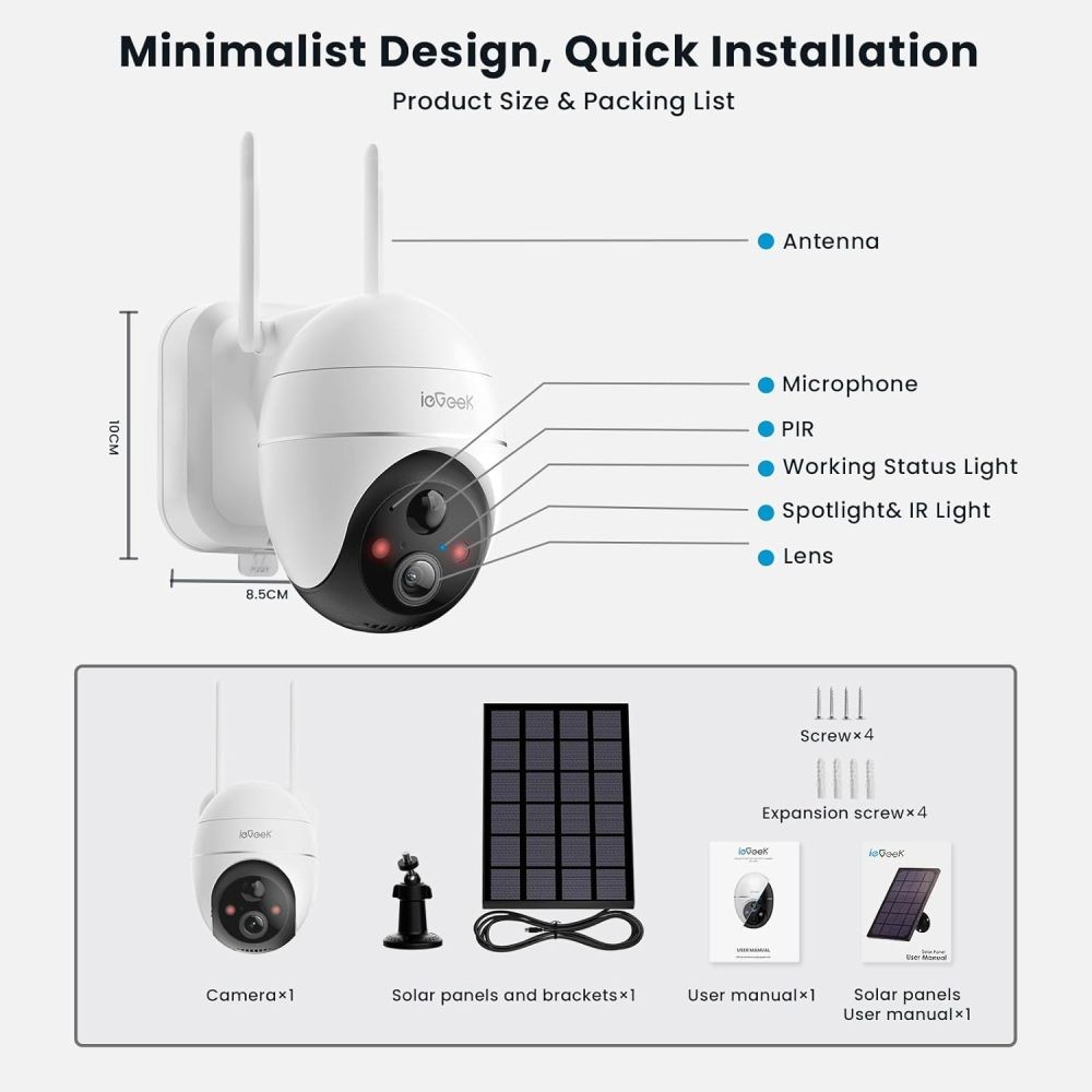 ieGeek 360° PTZ Solar Security Camera Wireless Outdoor - 2K, Auto-Tracks Motion