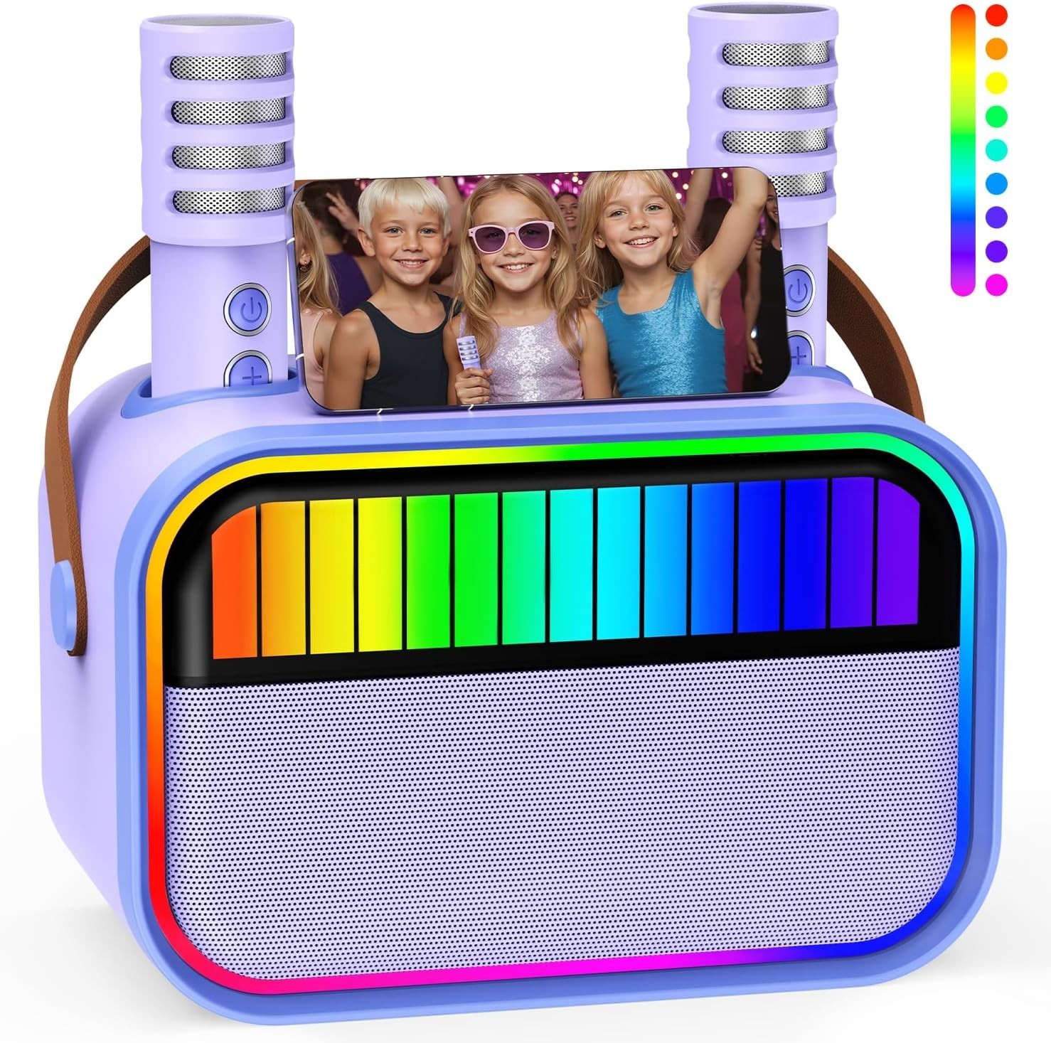 Portable Bluetooth Karaoke Speaker w/ 2 Wireless Mics-Lights, Clear Sound-Purple