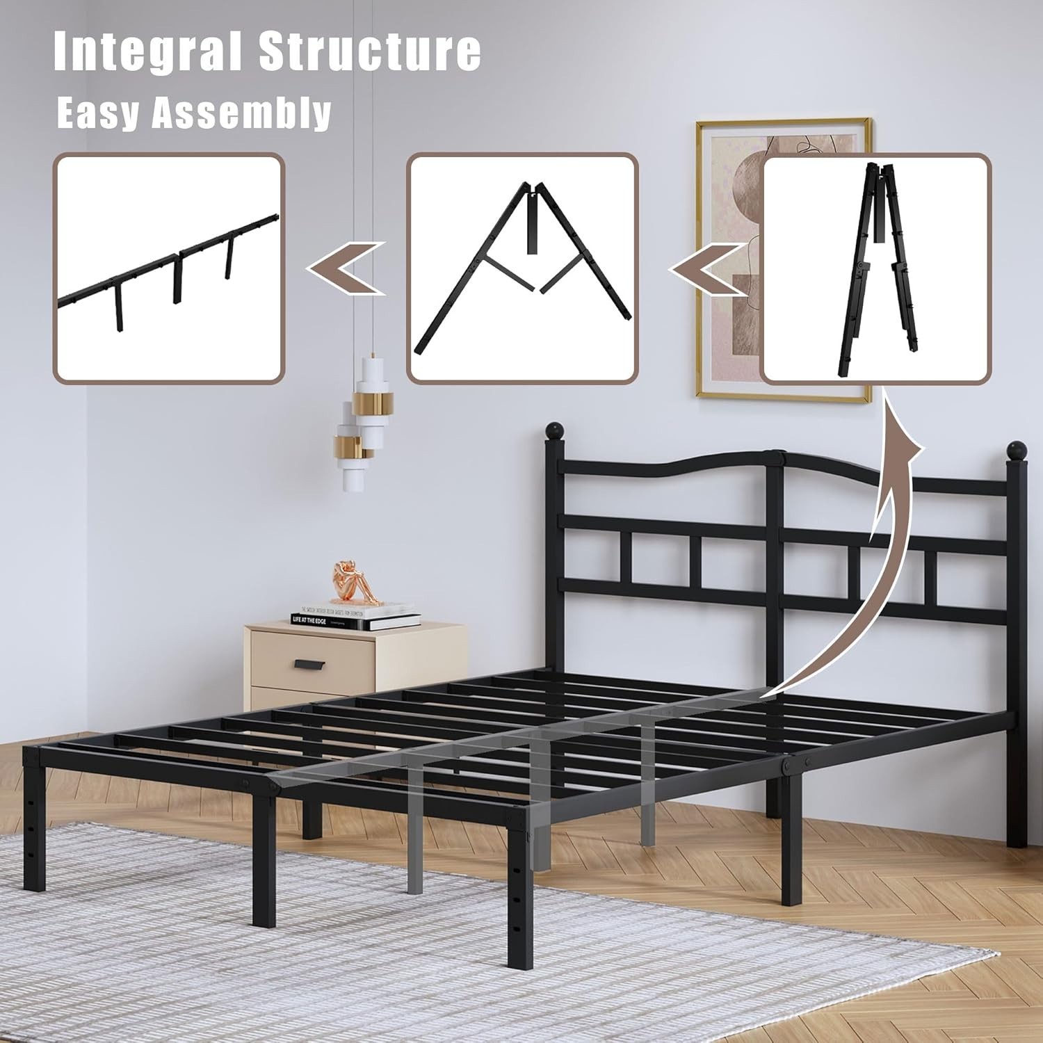 Queen Size Platform Bed with Headboard and Metal Frame-Queen Size - Color: Black