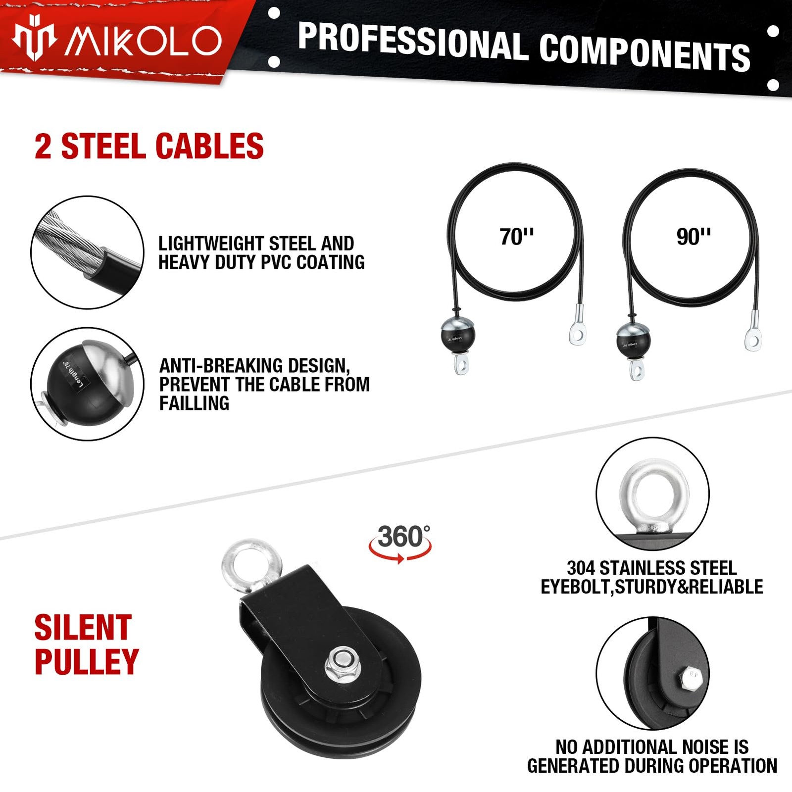 Mikolo Fitness LAT and Lift Pulley System, Dual Cable Large, Black