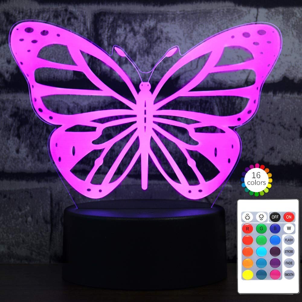 Butterfly 3D Night Light Illusion Lamp Touch Remote 7Color Auto Change USB Cable