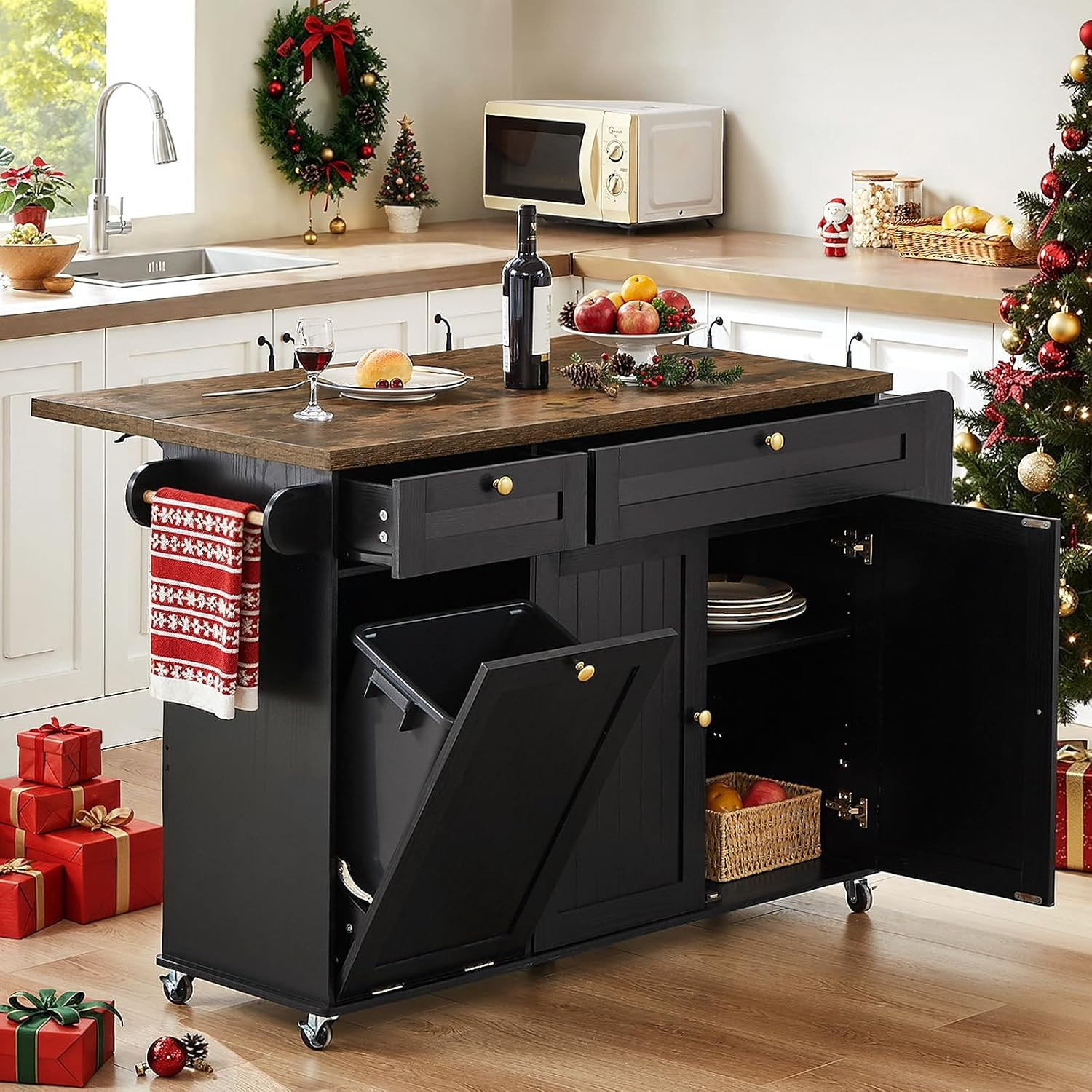 60 Inch Kitchen Island Rolling Cart with Storage Power Outlet Drop Leaf Cabinet