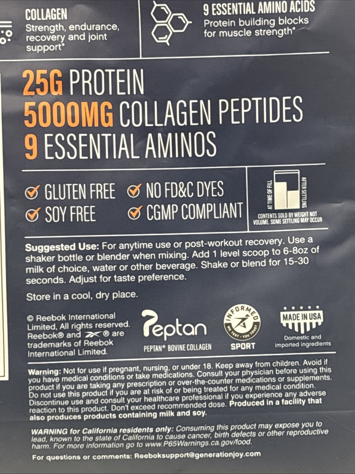 Reebok Whey Protein + Collagen Powder 25g Protein Muscle Recovery Supplement