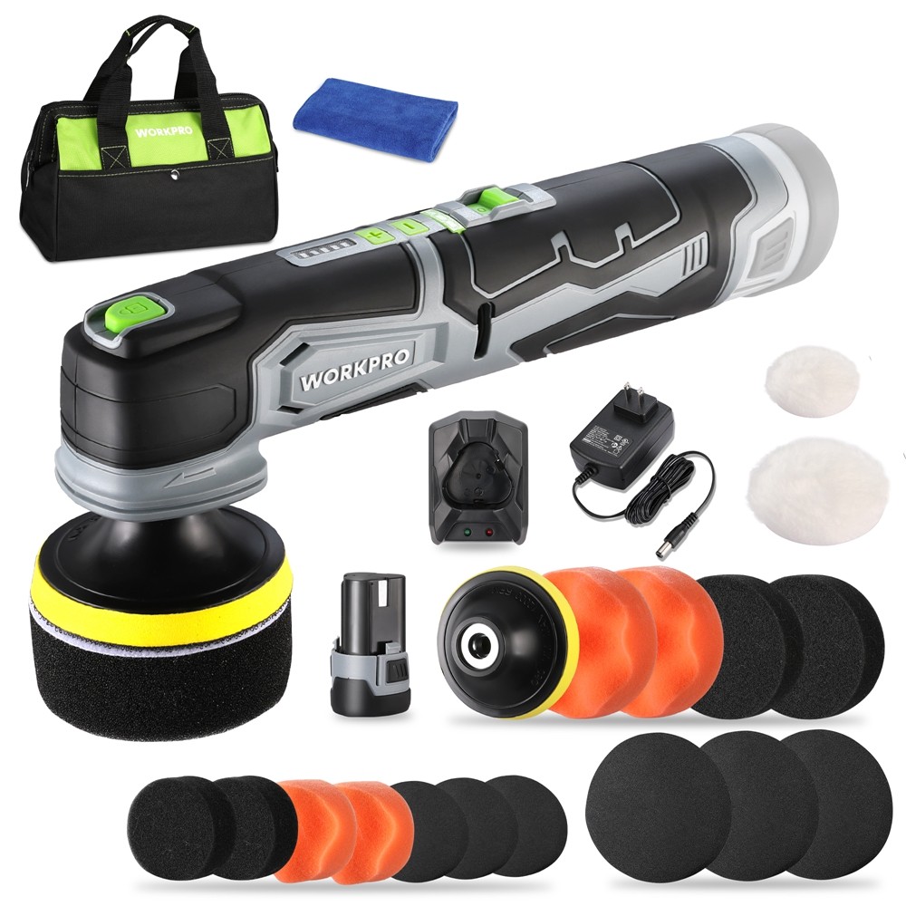 WORKPRO 12V Cordless Mini Buffer Polisher 5 Variable Speed Up to 3000RPM Battery