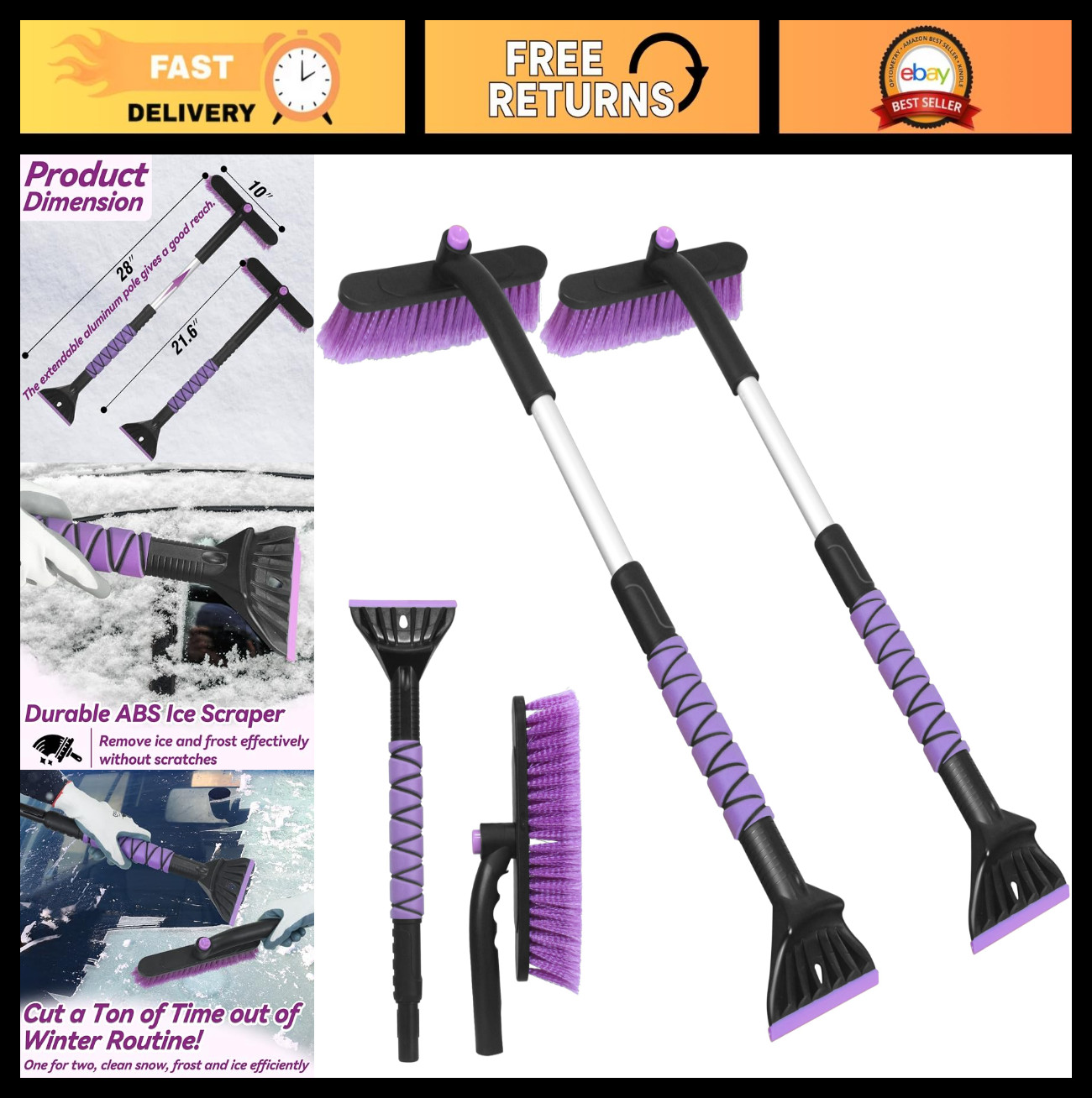 2 Packs 32" Extendable Snow Brush & Ice Scraper for Car Windshield - 2-in-1 Snow