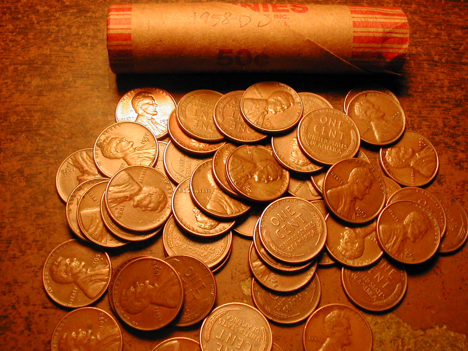 1958-D LINCOLN WHEAT CENT PENNY ROLL, nice condition