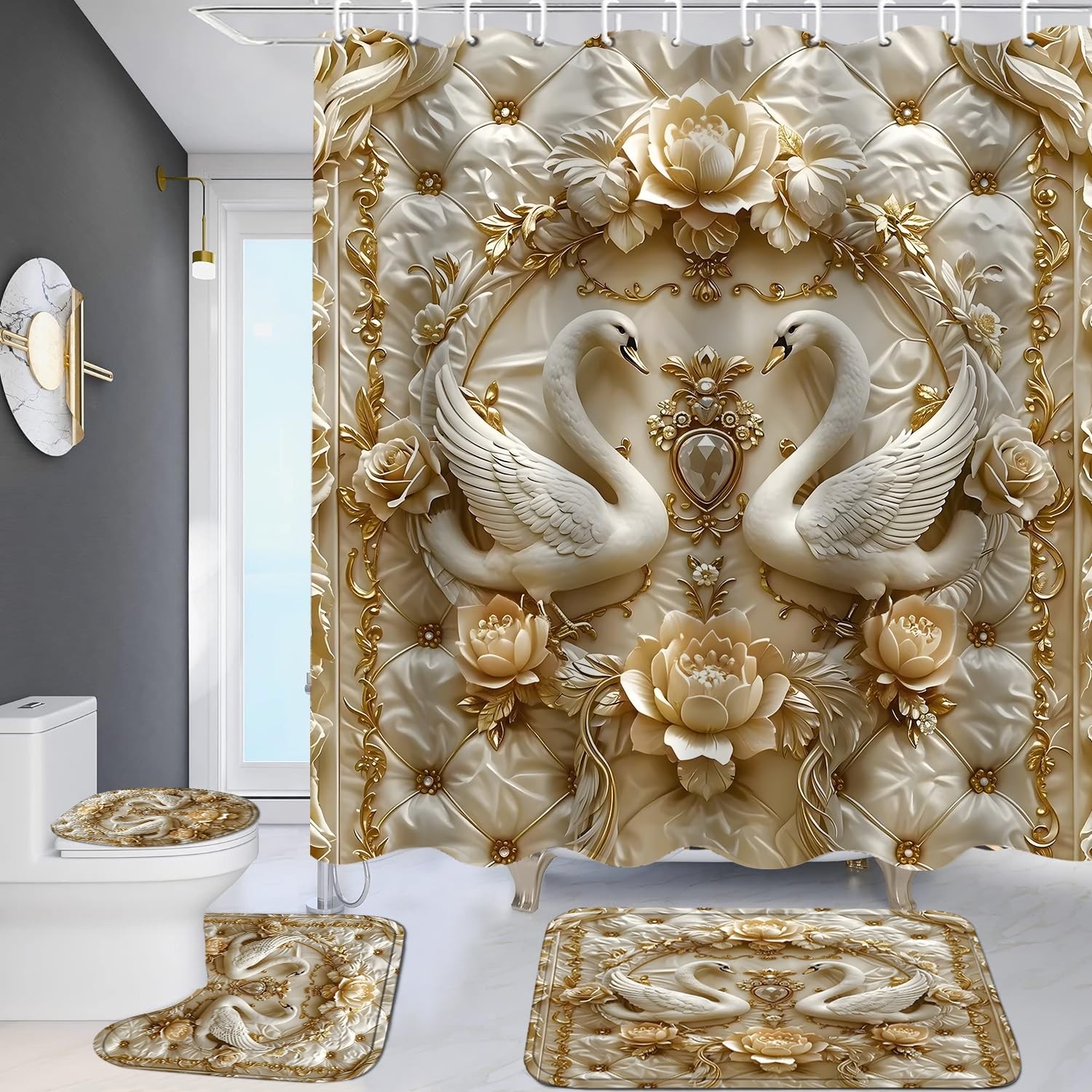 4Pcs 3D Swan Shower Curtain Sets with Rugs Swan Pearl Bathroom Set with Non-S...