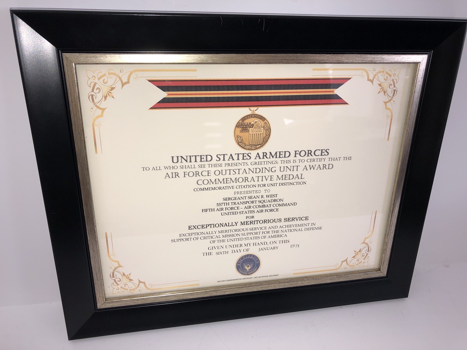 AIR FORCE OUTSTANDING UNIT AWARD COMMEMORATIVE MEDAL CERTIFICATE ~ Type 1