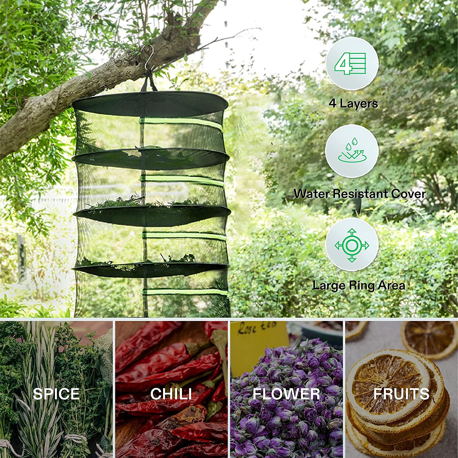 VIVOSUN 2ft 4-Layer Hanging Herb Mesh Rack Foldable Drying Net with Zippers