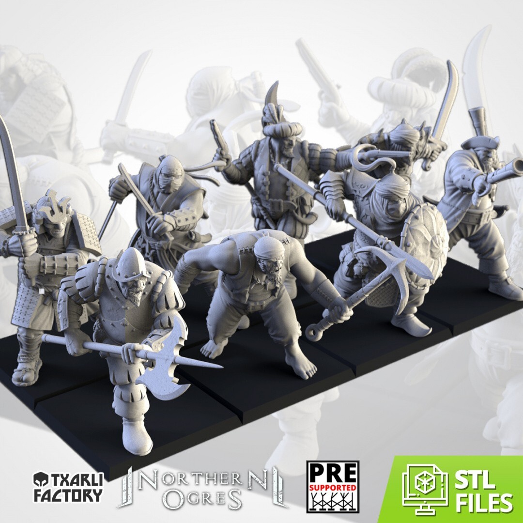 8 Ogre Mercenary Veterans, Txarli Factory, Ogre Warrior Fantasy Miniatures