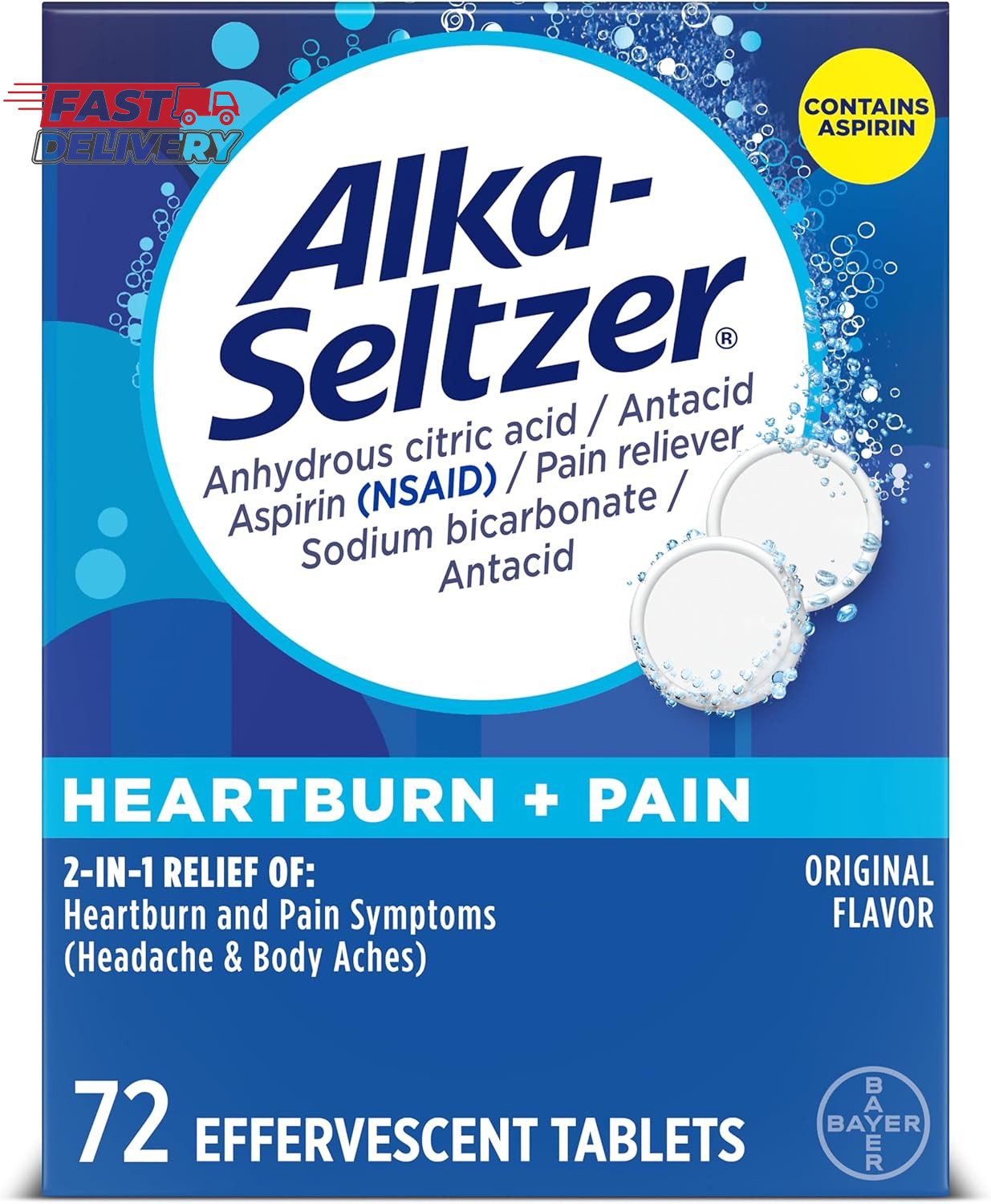 Alka-Seltzer Heartburn + Pain Effervescent Aspirin + Antacid Tablets, Fast Heart