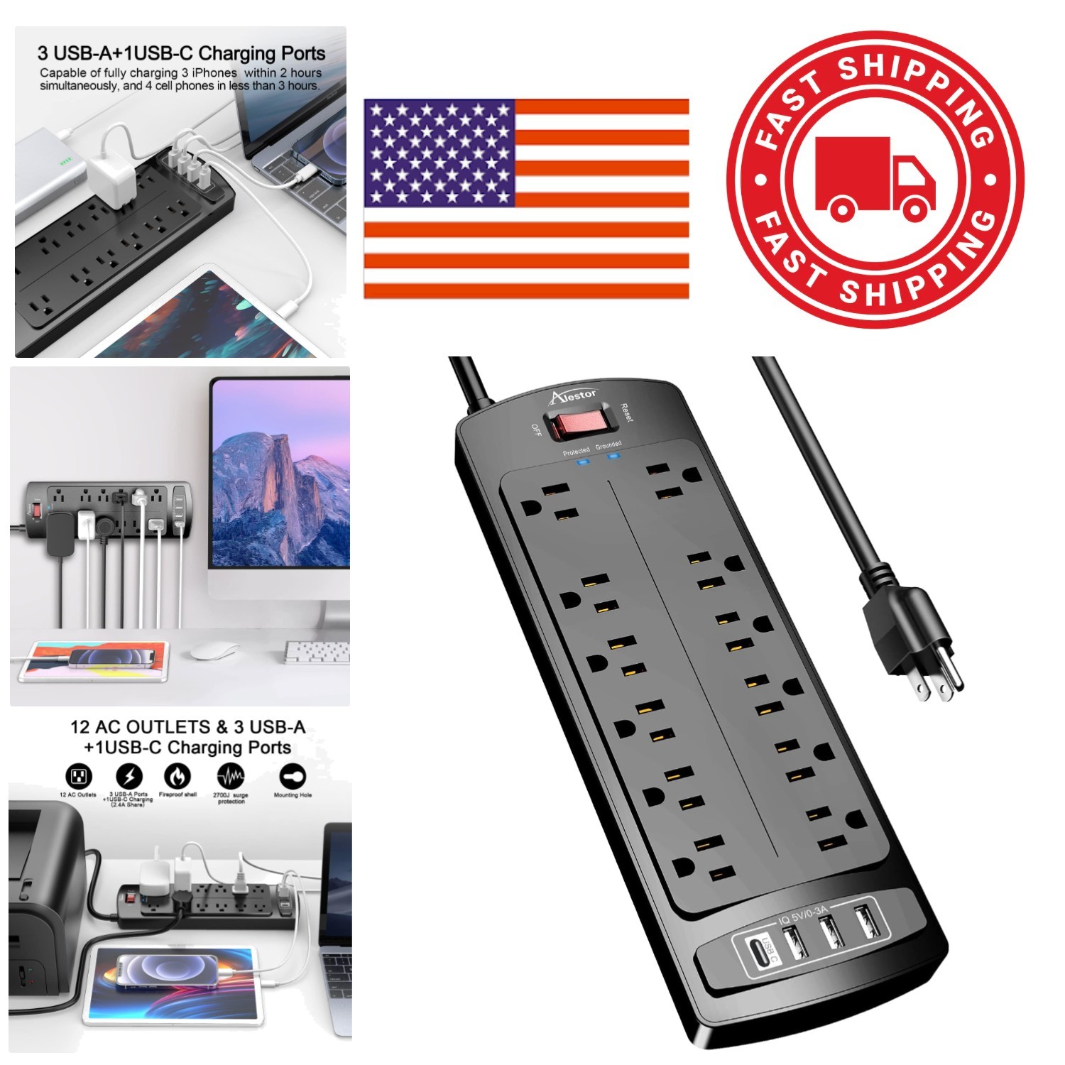 12 Outlet Power Strip with Surge Protection and 4 USB Ports for Electronics