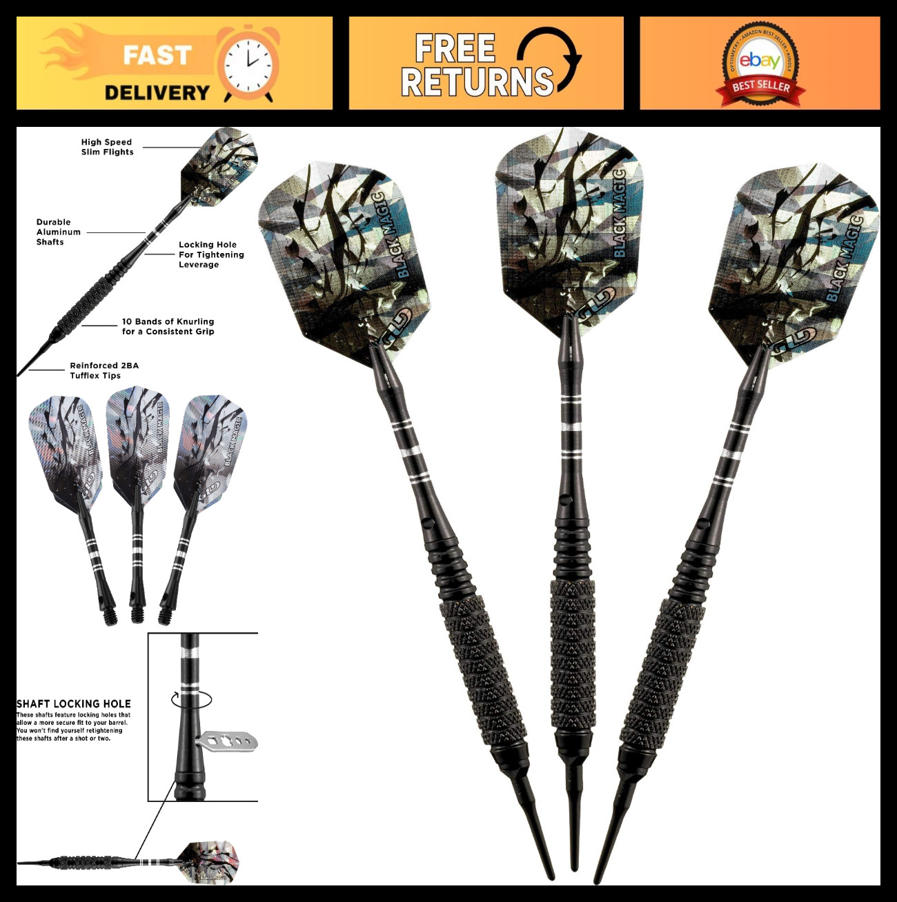 Soft Tip Darts Set, 18g Black Magic Darts for Electronic Dartboards, Precision F